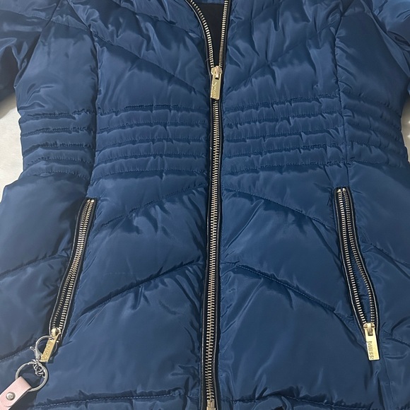 Big Girls Guess Dark Blue Puffer Jacket with Faux Fur Hood - Picture 2 of 10